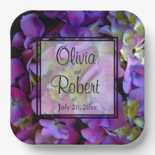 Magenta Purple blue yellow Hydrangeas flowers Paper Plate