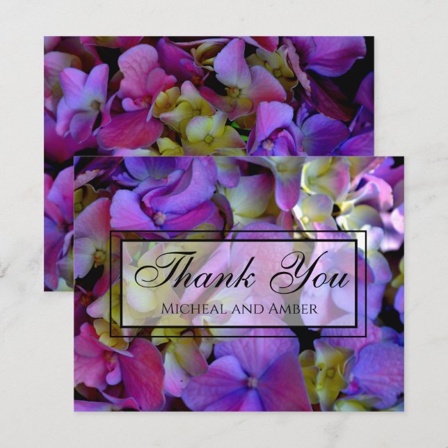 Magenta Purple blue yellow Hydrangeas flowers Thank You Card (Front/Back)