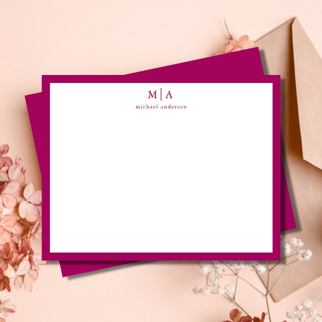 Magenta Purple Border Monogram Correspondence Card (Creator Uploaded)