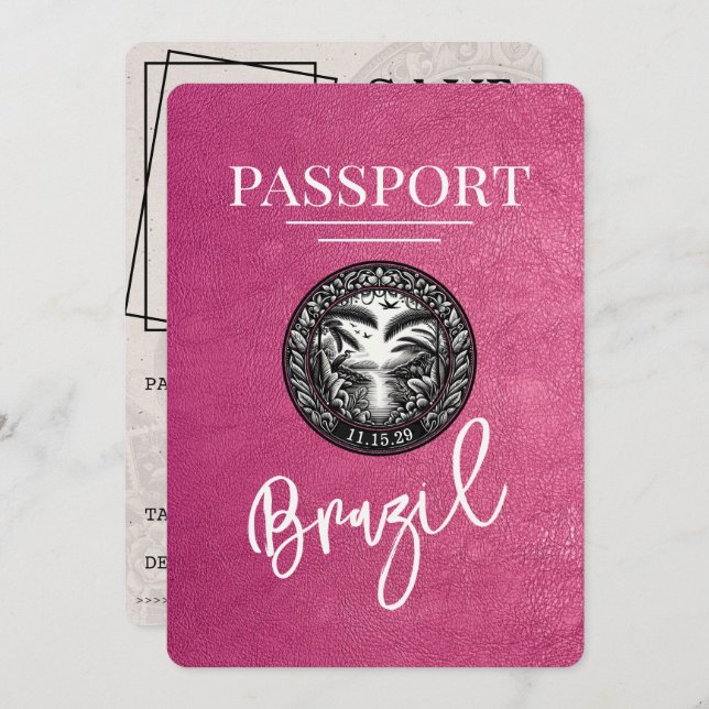 Magenta Purple Brazil Passport Save The Date (Front/Back)