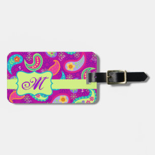 Magenta Purple Green Modern Paisley Monogram Luggage Tag