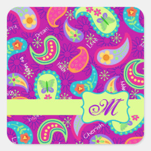 Magenta Purple Green Modern Paisley Monogram Square Sticker