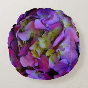 Magenta Purple Hydrangeas Purple blue yellow Round Cushion