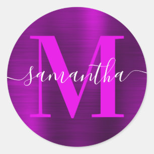 Magenta Purple Modern Signature Monogram Foil Classic Round Sticker