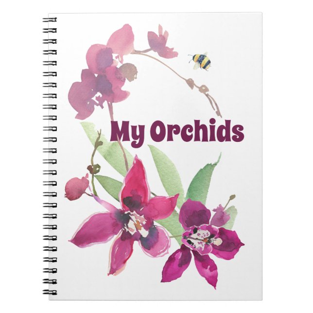 Magenta Purple Personalised Orchid Floral Bee Notebook (Front)