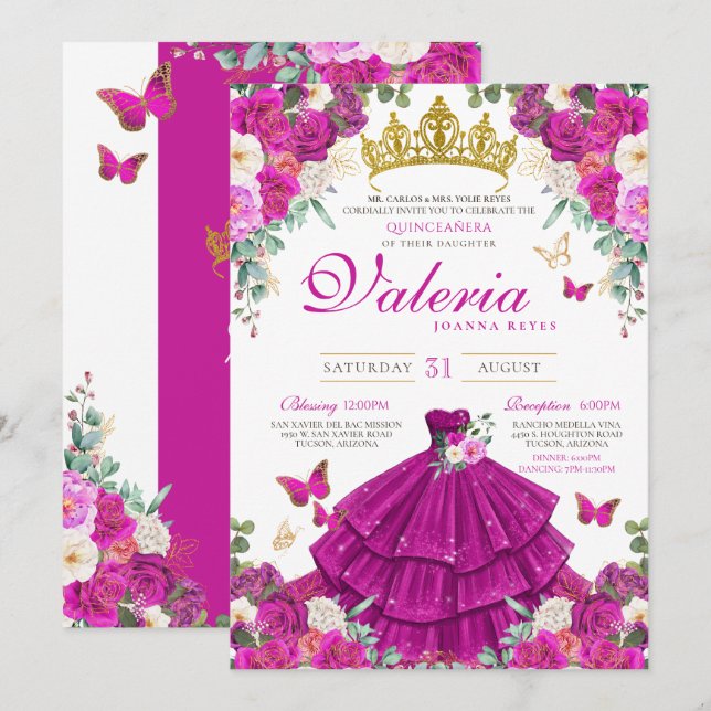 Magenta Purple Pink Butterfly Princess Quinceañera Invitation (Front/Back)