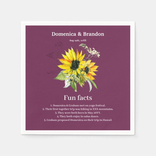 Magenta Purple Sunflower Wedding Fun Facts Napkins (Front)