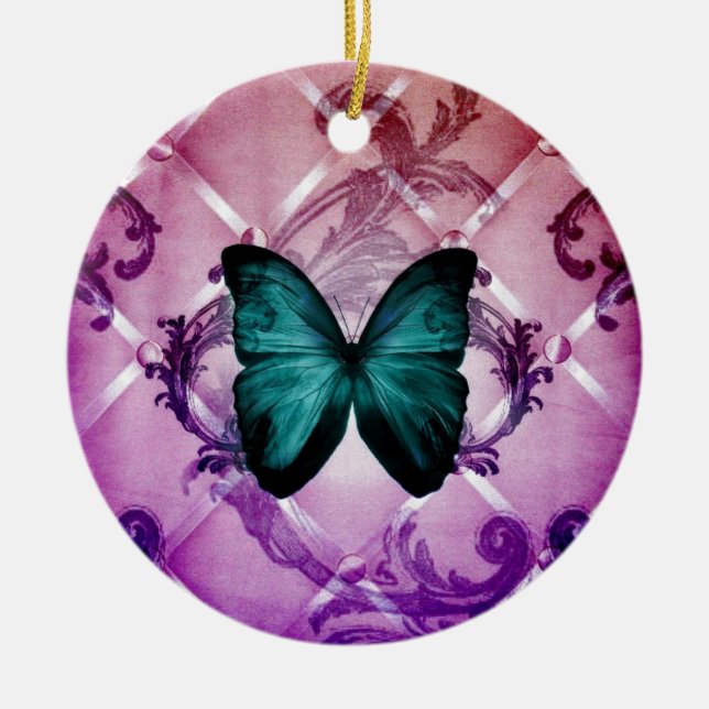 Magenta Purple Swirls Bohemian Teal Butterfly Ceramic Tree Decoration (Front)