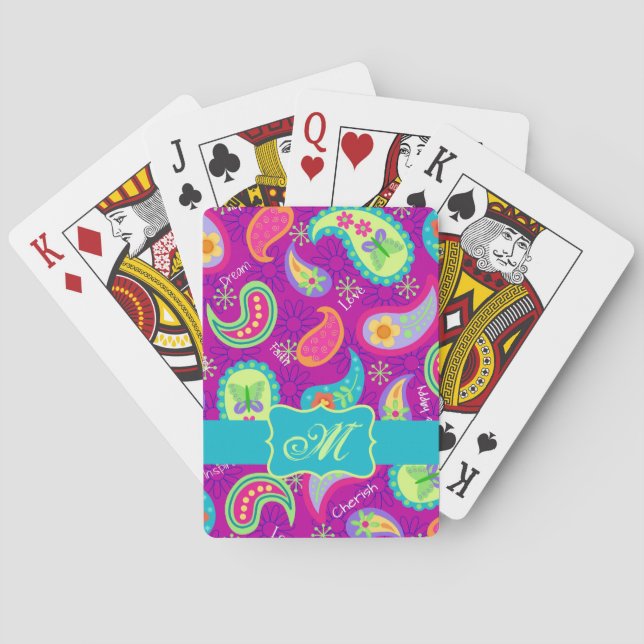Magenta Purple Turquoise Modern Paisley Monogram Playing Cards (Back)