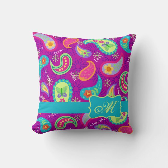 Magenta Purple Turquoise Modern Paisley Pattern Cushion (Front)