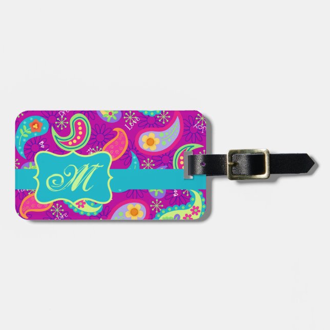 Magenta Purple Turquoise Modern Paisley Pattern Luggage Tag (Front Horizontal)