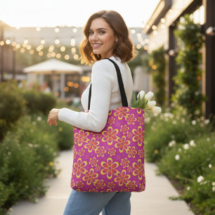 Magenta Purple Yellow Groovy Flower Pattern Tote Bag