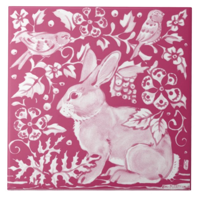 Magenta Rabbit Bird Nature Woodland Floral Pretty Tile (Front)