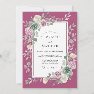 Magenta Ranunculus Foliage Eucalyptus Wedding Invitation