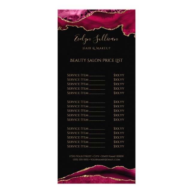 magenta red agate on black price list rack card (Front)