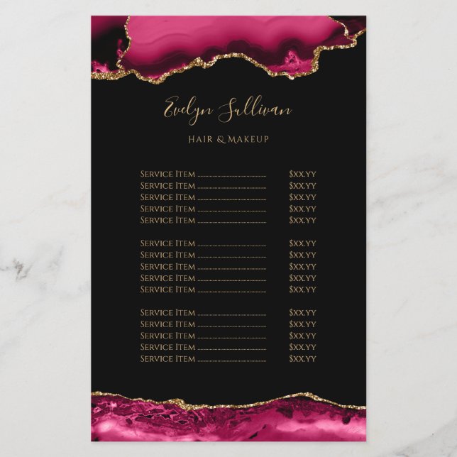 Magenta red and gold agate price list flyer (Front)