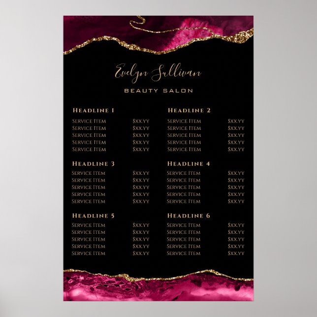 Magenta Red Gold Agate Price List Poster (Front)