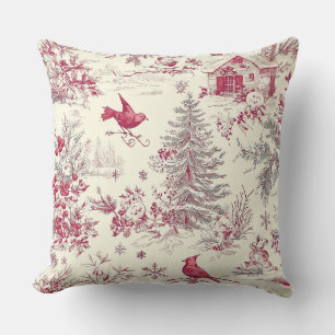Magenta Red Green Christmas Toile Cream Winter Cushion