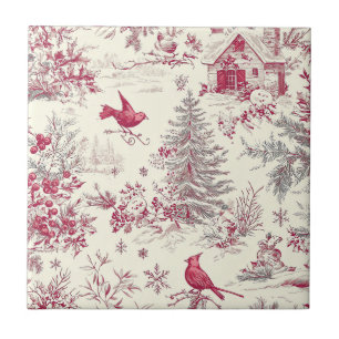 Magenta Red Green Christmas Toile Cream Winter Tile