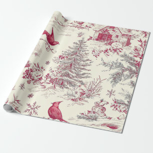 Magenta Red Green Christmas Toile Cream Winter Wrapping Paper
