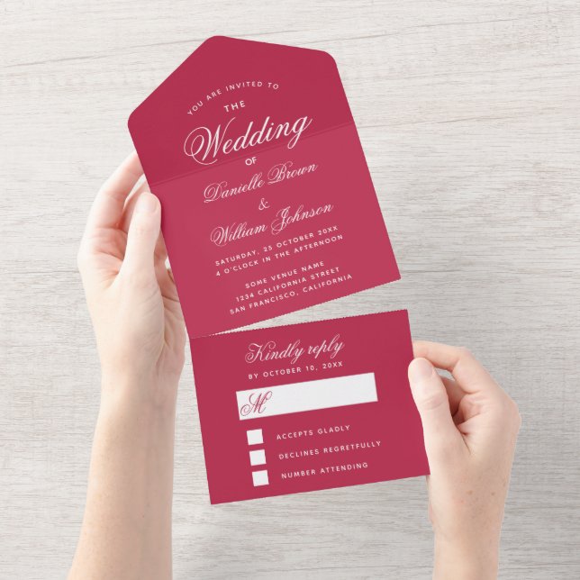 Magenta Red Wedding Simple Elegant Script RSVP  All In One Invitation (Tearaway)