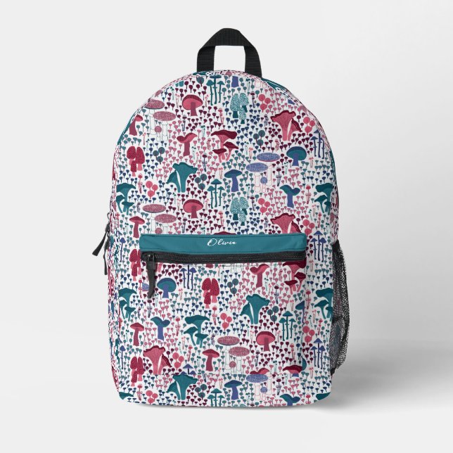 Magenta Retro Mushroom Printed Backpack (Front)