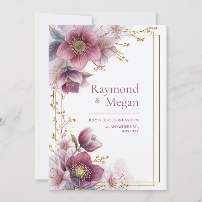 Magenta Rose Hellebore Botanical Frame Wedding Invitation (Front)