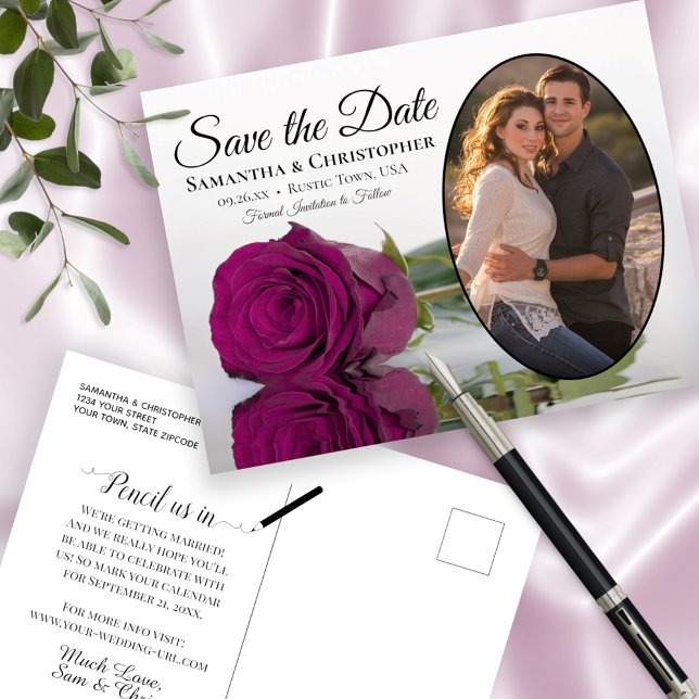 Magenta Rose Oval Photo Wedding Save The Date Announcement Postcard (Creator Uploaded)