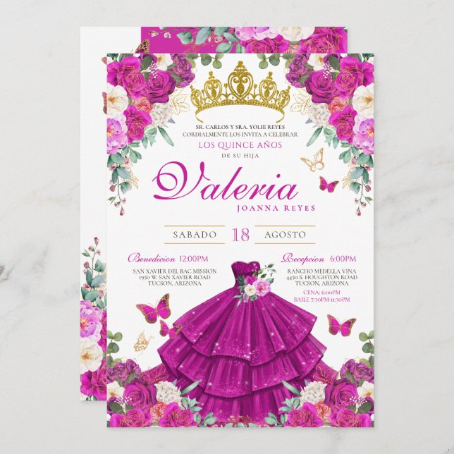 Magenta Rose Purple Butterfly Princess Quinceanera Invitation (Front/Back)