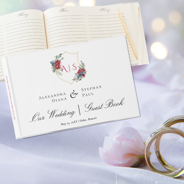 Magenta Roses Watercolor Botanical Crest Monogram Guest Book (Creator Uploaded)