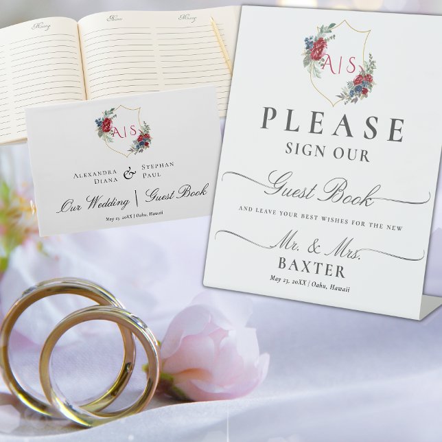 Magenta Roses Watercolor Botanical Crest Monogram Pedestal Sign (Creator Uploaded)