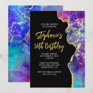 Magenta Royal Blue Fire Opal Gold 50th Birthday Invitation