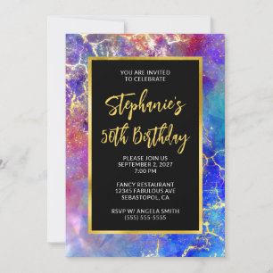 Magenta Royal Blue Gold Fire Opal 50th Birthday Invitation