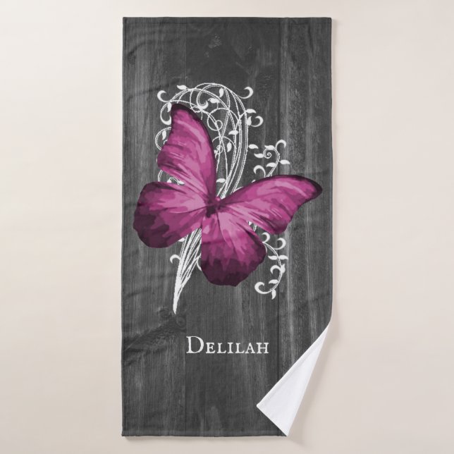 Magenta Rustic Butterfly Bath Towel Set (Bath Towel)