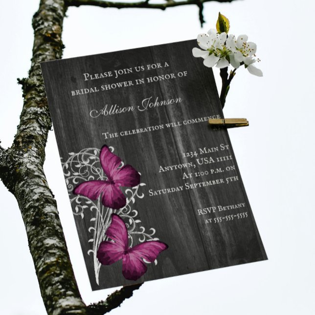 Magenta Rustic Butterfly Bridal Shower Invite (Magenta Rustic Butterfly Bridal Shower Invitation)