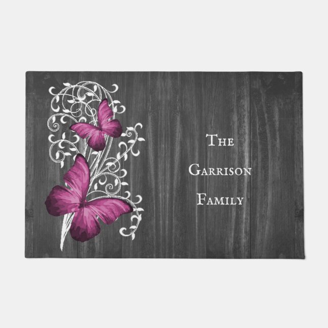 Magenta Rustic Butterfly Personalised Doormat (Front)