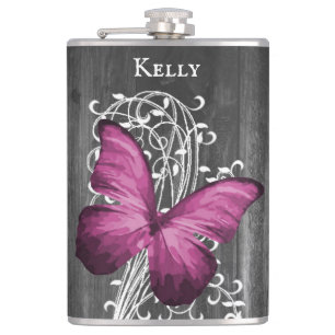 Magenta Rustic Butterfly Personalised Flask
