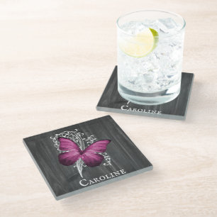 Magenta Rustic Butterfly Personalised Glass Coaster