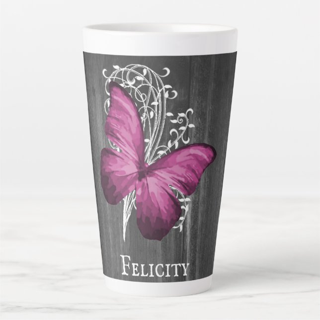 Magenta Rustic Butterfly Personalised Latte Mug (Front)