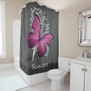 Magenta Rustic Butterfly Personalised Shower Curtain