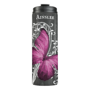 Magenta Rustic Butterfly Personalised Thermal Tumbler