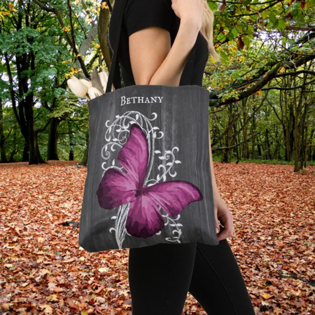 Magenta Rustic Butterfly Personalised Tote Bag (Magenta Rustic Butterfly Personalized Tote Bag)