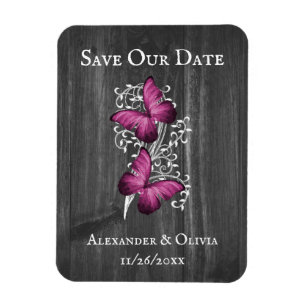 Magenta Rustic Butterfly Save The Date Magnet