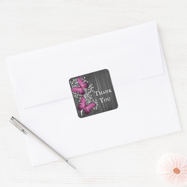 Magenta Rustic Butterfly Thank You Stickers (Envelope)