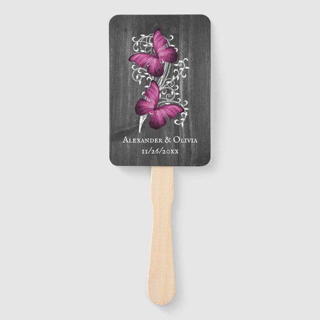 Magenta Rustic Butterfly Wedding Favour Hand Fan (Front)