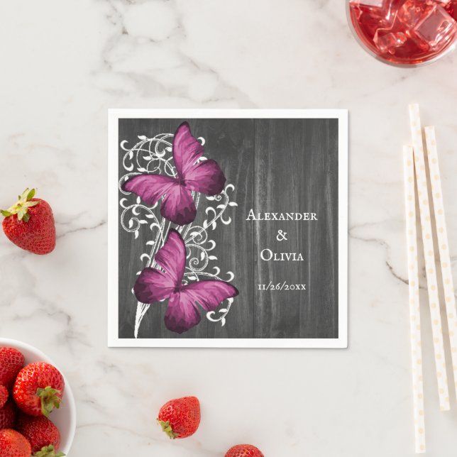 Magenta Rustic Butterfly Wedding Napkin (Insitu)