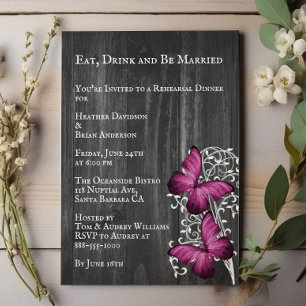 Magenta Rustic Butterfly Wedding Rehearsal Dinner Invitation