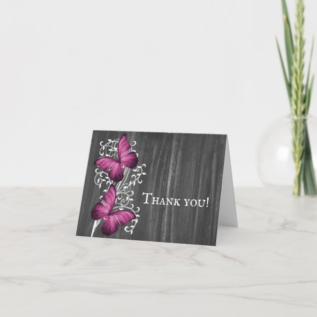 Magenta Rustic Butterfly Wedding Thank You Cards (Front)