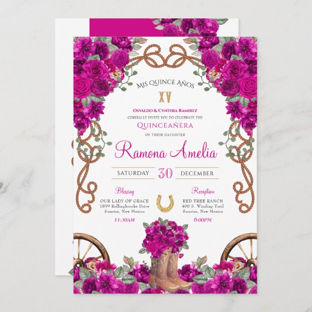 Magenta Rustic Western Charro Cowboy Boots Quince  Invitation (Front/Back)