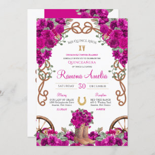 Magenta Rustic Western Charro Cowboy Boots Quince  Invitation